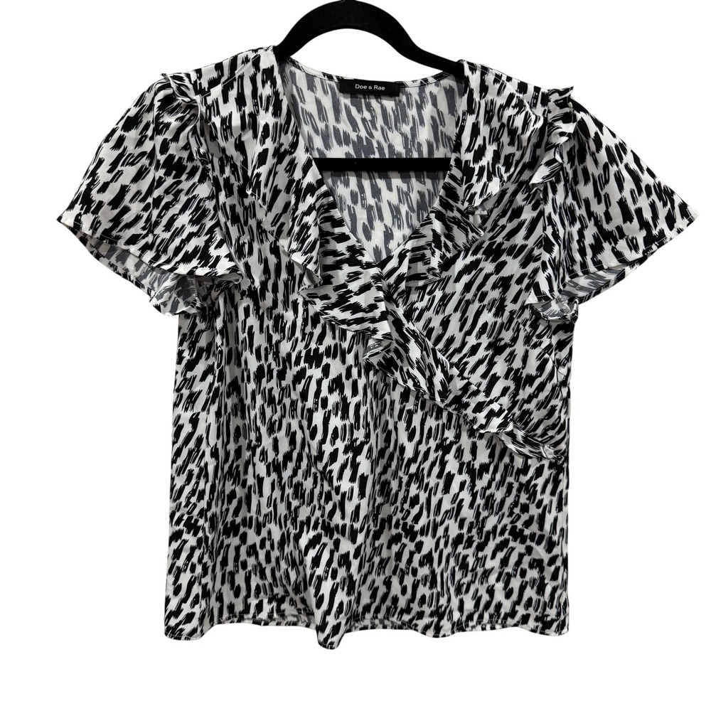 Doe & Rae Black White Abstract Brushstroke Ruffle Surplice Blouse Womens Medium